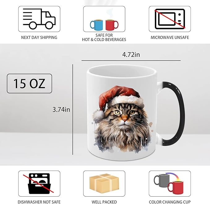 Caliamary Heat Changing Mug, Funny Cat Heat Changing Ceramic Coffee Mug, 11 oz Heat Sensitive Color Changing Coffee Mug Cup, Cute Xmas Gift Mug for Women Men Kids… (Brown cat)