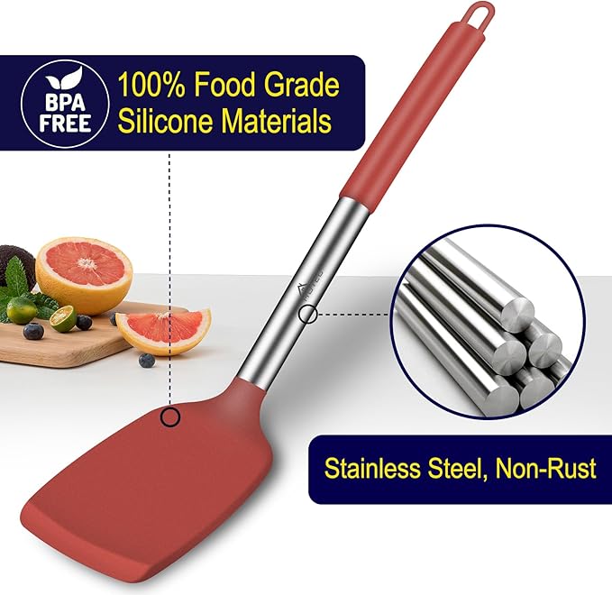 HOTEC Silicone Spatula Set of 2 Heat-Resistant 600°F & BPA-Free Kitchen SaptulaTurner with Stainless Steel Handles, Slotted & Solid Spatulas for Nonstick Cookware, 13.7 Inch, Red