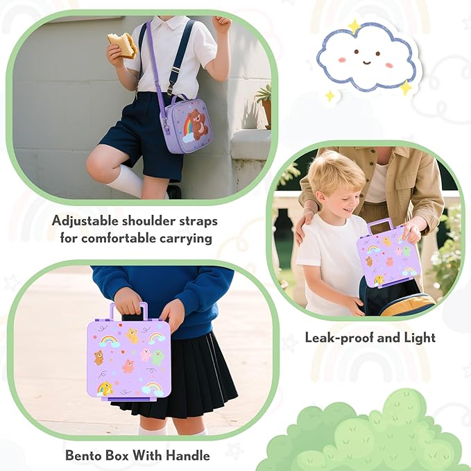 Lunch Box Kids with 5 Compartments, Insulated Food Jar & Utensil & Sauce Container & Lunch Bag & Silicone Collapsible Cup, Leak Proof Bento Box, BPA-Free & Dishwasher Safe-Soft Purple