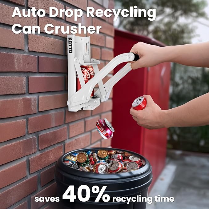 Kotto Can Crusher - Wall Mounted Can Crushers for Recycling - with Auto-Drop System -Built-in Bottle Opener-Crushes 8-16oz Cans-Includes Kitchen Storage Bag-Heavy Duty Can Crusher for Home Use-White
