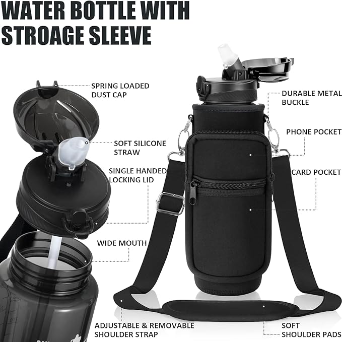 Fimibuke 32 oz Water Bottle with Sleeve - BPA Free Leakproof Sport Large 1L Plastic Motivational Water Bottle with Straw Strap & Insulated Neoprene Holder Carrier Bag Great Xmas Gift for Women Men
