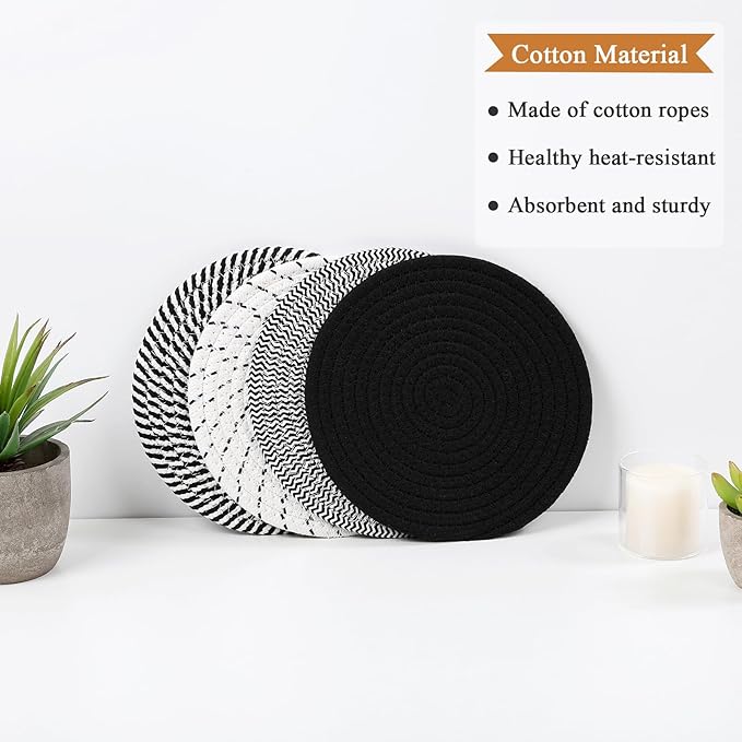 SHACOS 8 Inch Trivets for Hot Dishes, 4 Heat-Resistant Cotton Trivet Mats for Kitchen, Hot Pads for Countertops and Table, Pot Holders for Hot Pots and Pans, Black