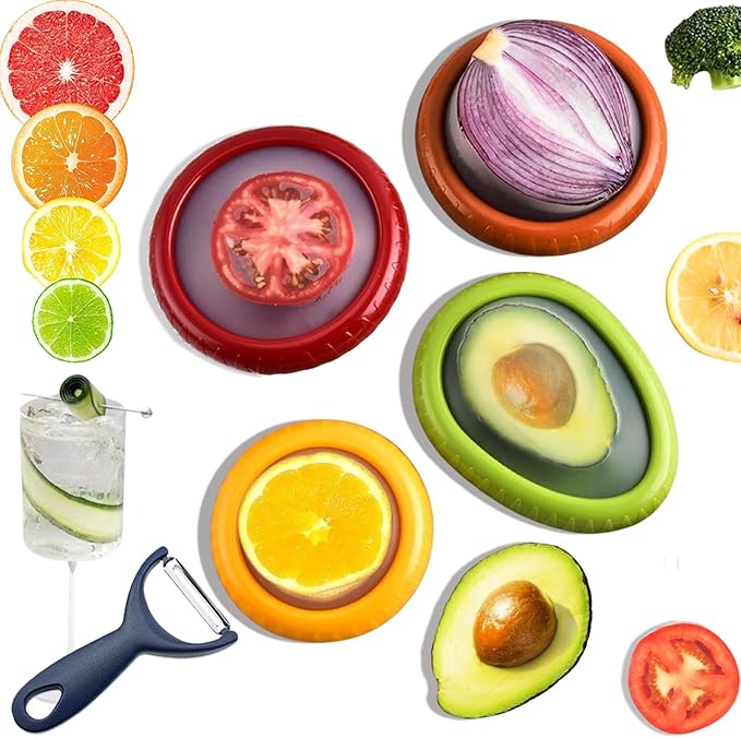 Zyphora 5-Piece Avocado Saver and Tomato Holder Set – 4 Reusable Silicone Food Storage Containers + 1 Fruit Peeler, Stretch Pods for Fruit & Veggie Storage
