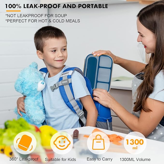 Bento Box, Lunch Box Kids, 1300ML Adult with 4 Compartment &Food Picks &Cake Cups, Containers for Adults/Kids/Toddler, Leak-Proof, Microwave/Dishwasher/Freezer Safe(Blue)