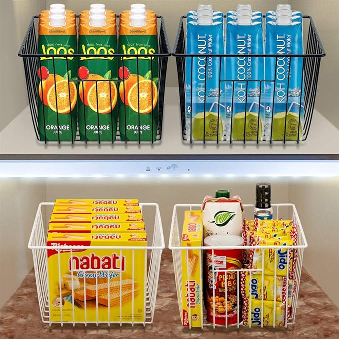 Slideep Refrigerator Freezer Organizer Wire Storage Basket , Farmhouse Food Wire Bins Container with Handles for Kitchen, Pantry, Freezer, Cabinet, Car, Bathroom Black 4 Pack