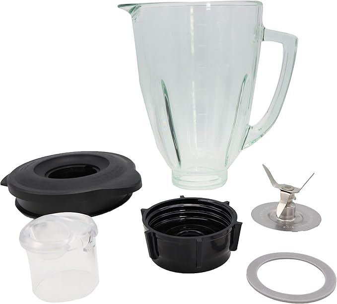 Blendin Complete 6-Piece 48 Ounce Replacement Round Glass Jar Cup Assembly Set With a Jar Base Cap, Blade, Gasket, Round Lid, Center Fill - Compatible with Standard Oster & Osterizer Blenders