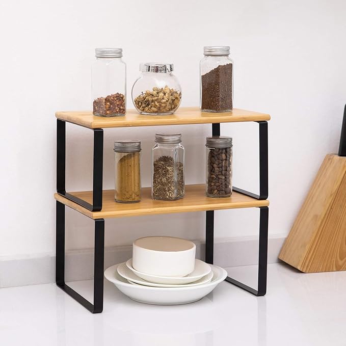 NEX Kitchen Cabinet and Counter Shelf Organizer, Stackable & Expandable, Black and Natural