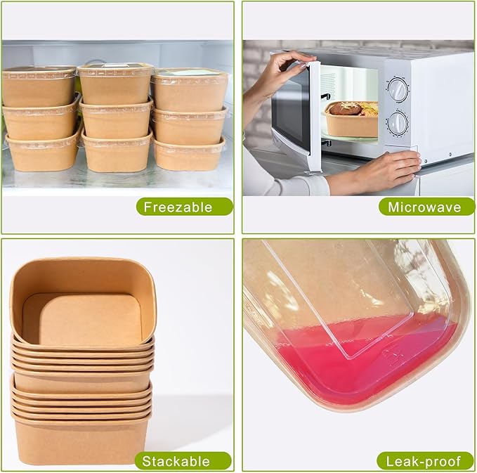 MINCOCO 50 Count Disposable Paper Bowls with Lids Meal Prep Containers 【Includes 50 Wooden Forks + 100 Labels】 Salad Food Containers Freezer & Microwave Safe Leakproof Soup Bowls (35 Ounce, 50-Count)