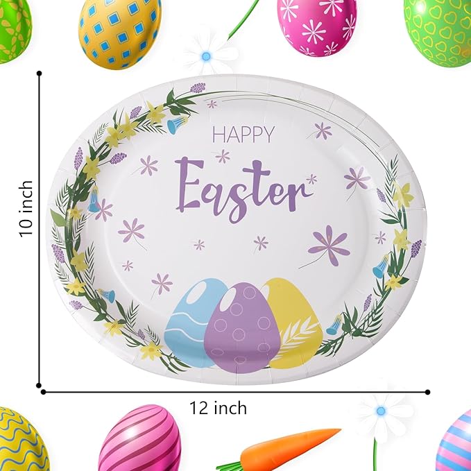 WDF 50Pack Easter Paper Plates - Oval Paper Plates 10" x 12" for Party Supplies Easter Eggs Large Disposable Platter for Easter Serving Tray