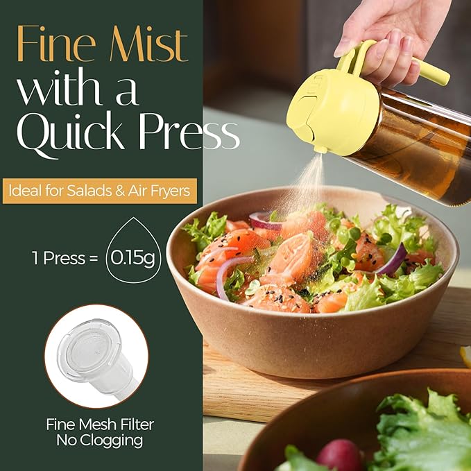 YARRAMATE 16oz/470ml Light Blocking Oil Sprayer for Cooking with Stickers, Food-Grade 2 in 1 Olive Oil Dispenser Bottle for Kitchen, Premium Dark Amber Glass Oil Bottle for Air Fryer, BBQ (Pomelo)