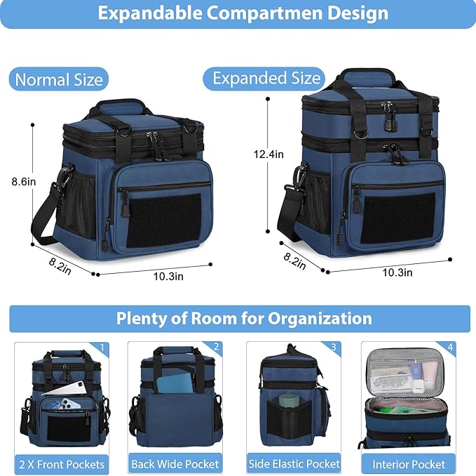 GLENKEY Double Deck Insulated Lunch Box, Expandable Large Lunch Bag Leakproof Cooler Bag Lunch Pail for Men Women Adults Work Shifts Travel Daytrip,16L,Blue
