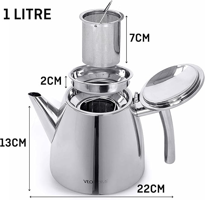 VeoHome Stainless Steel Tea Pot with Infuser - Keeps Heat Thanks to its Double Wall, Silver (1 Liter (34 oz))…