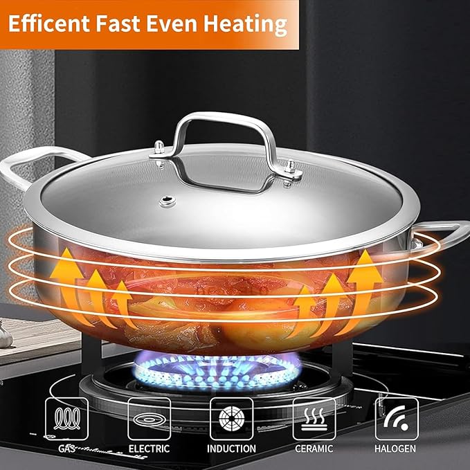 DELARLO Tri-Ply Stainless Steel 7QT Saute Pan 12 Inch Deep Frying Pan with lid Nonstick, Induction Compatible Chef Cooking Pan