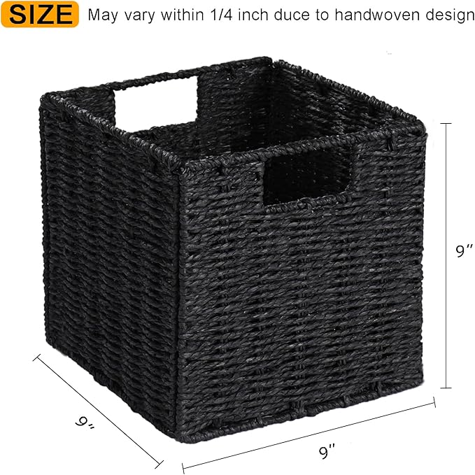 Vagusicc Wicker Basket, Set of 2 Woven Storage Baskets for Shelves, Foldable Cube Storage Basket Bins with Handles, 9 inch Small Storage Baskets for Organizing Pantry Bedroom, Black