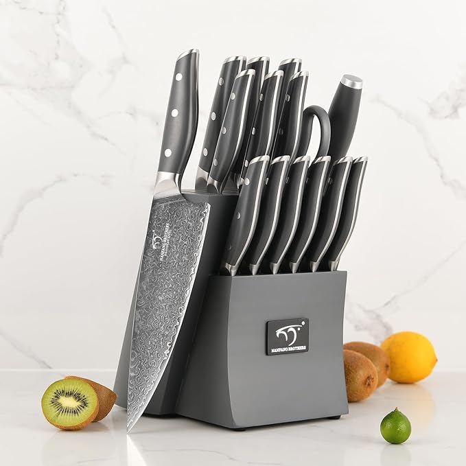 NF NANFANG BROTHERS Damascus Kitchen Knife Set, 16-Piece with Block, ABS Ergonomic Handle, Carving Fork, Disconnect-type Knife Block (Gray)