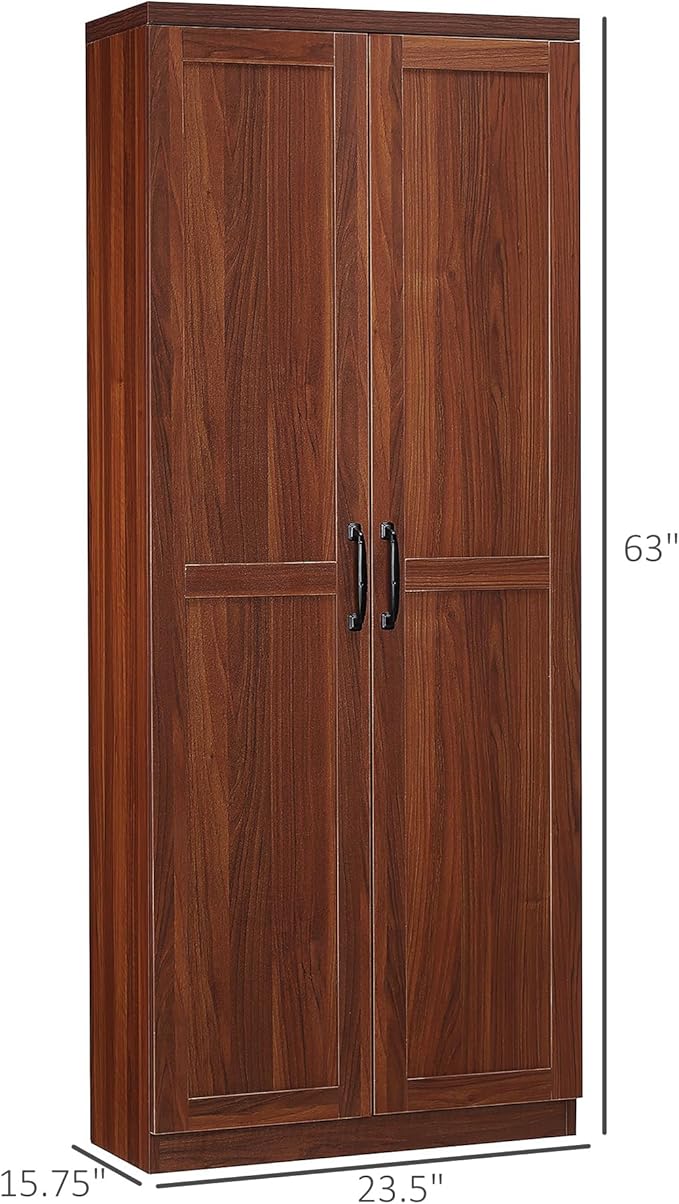 HOMCOM 63" 2-Door Kitchen Pantry, Freestanding Storage Cabinet with 5-Tier Shelving and 2 Adjustable Shelves for Dining Room, Brown