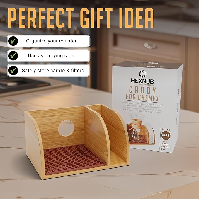 HEXNUB Bamboo Caddy for Pour Over Coffee Maker, Fits Chemex, Bodum, Cosori, Heatproof Mat, Filter Holder