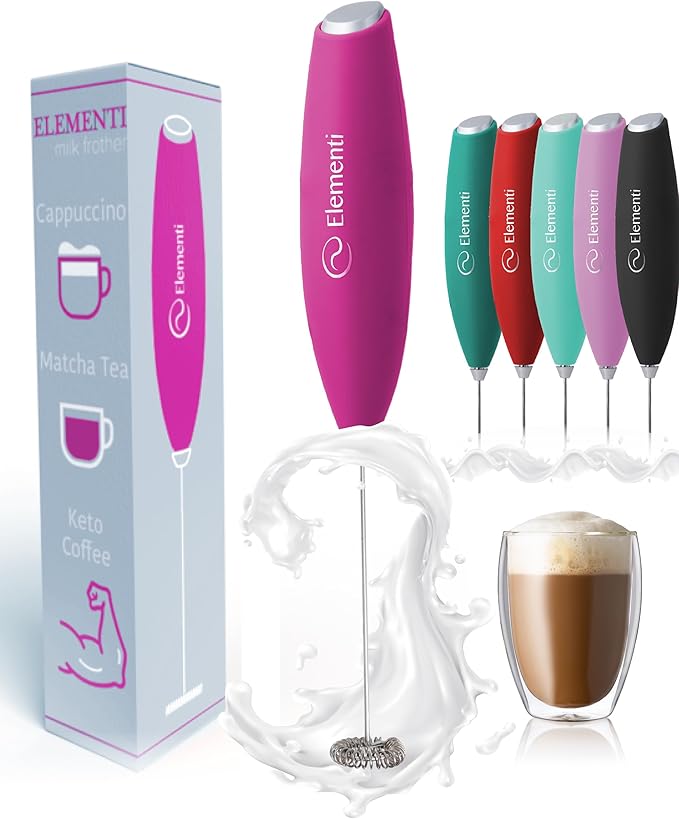 Elementi Pink Milk Frother Wand - Electric Handheld Matcha Whisk - Hand Frother for Coffee & Frappe Maker - Coffee Mixer - Electric Drink Stirrer - Hand Held Blender Stick & Mini Mixer (Hot Pink)