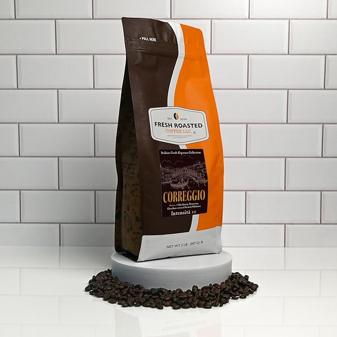 Fresh Roasted Coffee, Correggio Italian Craft Artisan Blend, 2 lb (32 oz), Dark Roast, Kosher, Whole Bean