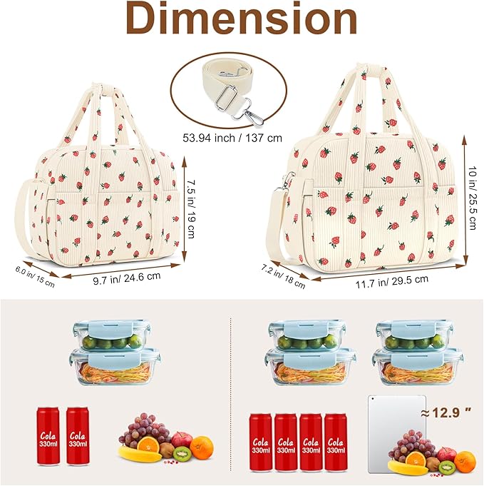 Corduroy Lunch Box Lunch Bag for Women Adults Men, Cute Strawberry Insulated Work Reusable Leakproof Simple Large Lunch Boxes Tote Bag Adults Cooler Bag, with Shoulder Strap