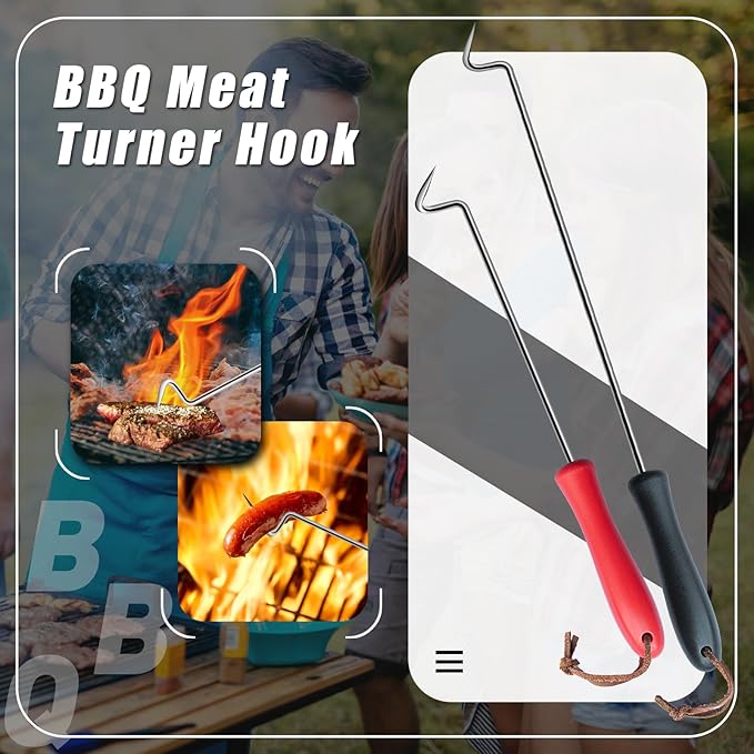 2Pcs Food Flipper Turner Hooks Stainless Steel BBQ Meat Hooks Cooking Barbecue Turners Hooks Grill Accessories with Handle for Grilling & Smoking