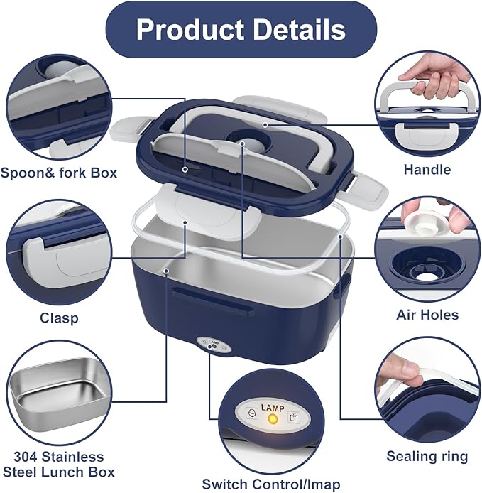 Electric Lunch Box Food Heater, 3 in 1 Ultra Quick Heated Lunch Boxes for Adults, 12V/24V/110V Portable Food Warmer for Car/Truck/Office With Fork Spoon and Insulated Carry Bag
