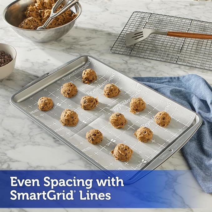 Reynolds Kitchens Cookie Baking Sheets, Pre-Cut Baking Parchment Paper Sheets for Cookies, Oven-Safe up to 425 Degrees, Reusable Up to 3X, No-Mess Cleanup, 12 in x 16 in, 22 Count