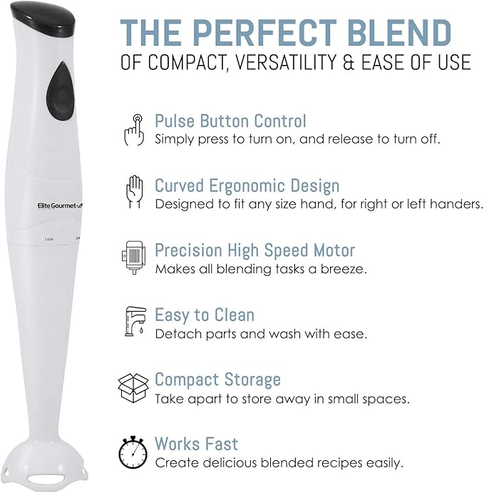 Elite Gourmet EHB-2425X Electric Immersion Hand Blender, Mixer, Chopper, 1-Touch Control Multi Purpose Electric Immersion Stick, Mixer, Chopper, 150 Watts, For Soups, Sauces, Baby Food, White