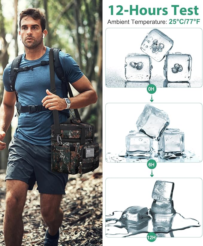 Tactical Lunch Box for Men, Large Insulated Lunch Bag for Adult, Heavy Duty Double Deck Expandable Lunch Cooler Bag with American Flag, Leakproof Soft Lunch Pail for Work Office Camping - Camo Green