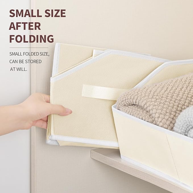 Cube Storage Organizer - Large Bins with Handle, Trapezoid Organizing Baskets for Shelves, Decorative Storage Baskets for Clothes, Blankets, Books, 4 Pack, Beige