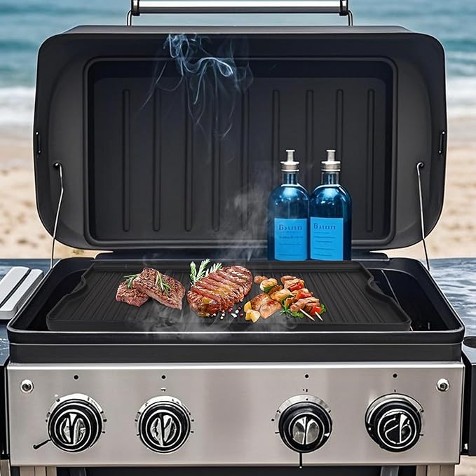 Cast Iron Griddle for Gas Grill, 16" x 24" Reversible Pre-Seasoned Large Flat Top Griddle Plate for Camp Chef etc., Stovetop/Electric/Propane/Charcoal, Outdoor Cooking Oblong Grilling Pan for Camping