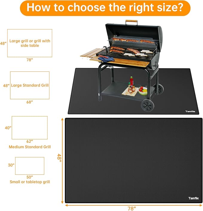 Tamfile Large 78 x 48 Inch Under Grill Mats for Outdoor Grill, Double-Sided Fireproof Heat-Resistant Pad, Indoor Fireplace/Fire Pit Rubber Mat, Oil-Proof Waterproof BBQ Protector for Deck and Patio