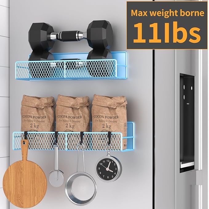Magnetic Spice Rack for Refrigerator, 2 Pack 100% Metal Strong Magnet Shelf, Space Saving Spice Organizer W/ Hooks, Movable Magnetic Fridge Shelf, Kitchen Home Laundry Room Storage Organization, Blue