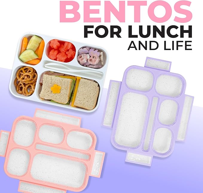kinsho Glitter Lunch Box Bento Boxes for Girls, Meal and Snack Containers for Toddler Daycare, School, Travel, 6 Divided Compartments, Cute 2 Pack Set, Utensils, Pink Purple Lilac