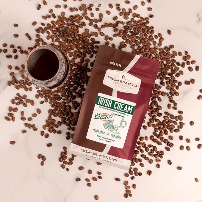 Fresh Roasted Coffee, Decaf Irish Cream Flavored Coffee, 12 oz, Medium Roast, Kosher, Whole Bean