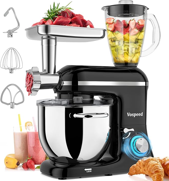 Vospeed 9 IN 1 Stand Mixer, 850W Tilt-Head Multifunctional Electric Mixer with 8 QT Stainless Steel Bowl, 1.5L Glass Jar, Meat Grinder, Hook, Whisk, Beater Dishwasher Safe (Black)