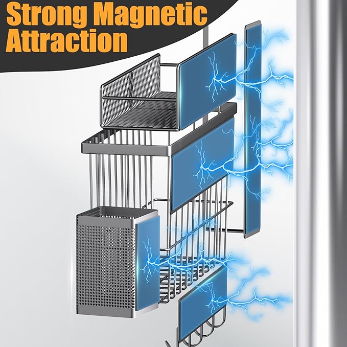 Magnetic Spice Rack for Refrigerator, 7 Pack 100% Metal Strong Magnet Shelf, Spice Organizer W/ Paper Towel Holder, Hook Rack, Utensil Caddy & Cutting Board Holder, Home Kitchen Organization (Grey)