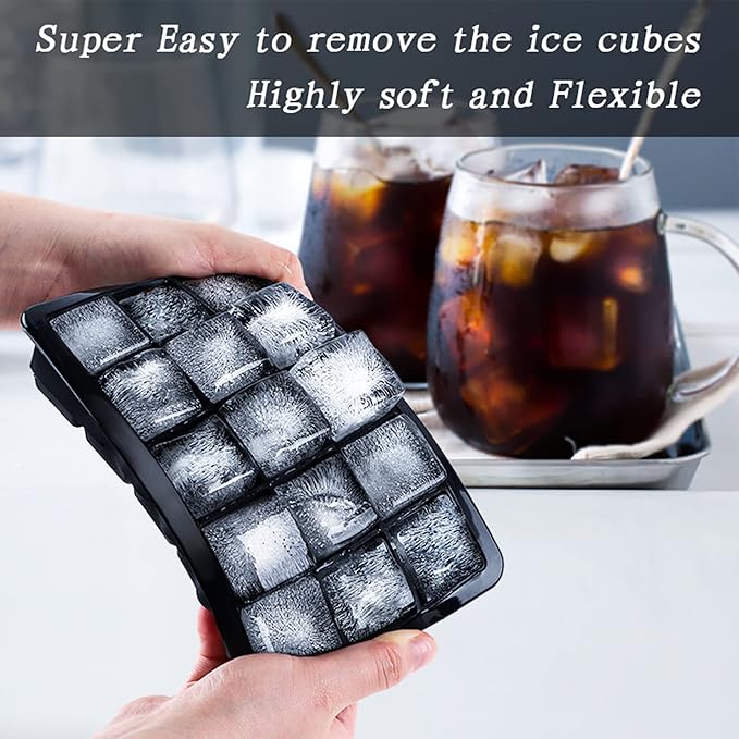 LessMo Ice Cube Tray with Lid 2 Pack, Silicone Ice Cube Molds, Easy Release 15 Square Ice Cube per Tray, BPA Free Flexible Reusable Stackable for Freezer, Whiskey, Chocolate, Baby Food, Juices, Black