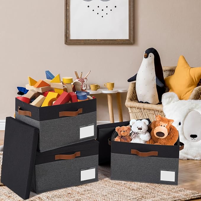 GhvyenntteS Fabric Storage Bins with Lids 3 Pack, Closet Storage Boxes with Lid and 3 Handles, Foldable Storage Baskets with Lids and Label Window for Home Office (Grey&Black, 15" x 11" x 9.7")