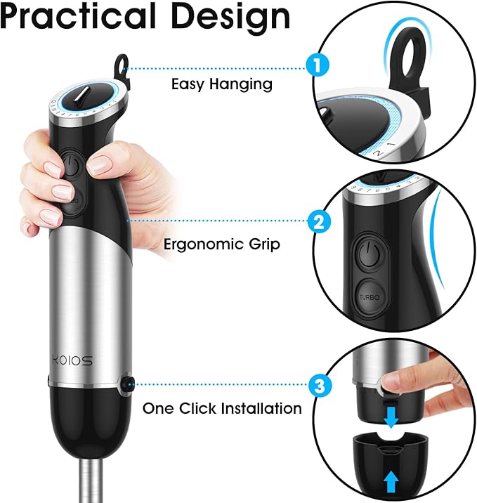 KOIOS Upgraded Immersion Blender Handheld, 1000W 12-Speed 5 in 1 Hand Mixer Stick Blender with 304 Stainless Steel Blade,Food Processor,Beaker,Egg Whisk&Milk Frother,Non-BPA,Smoothies Purée Baby Food