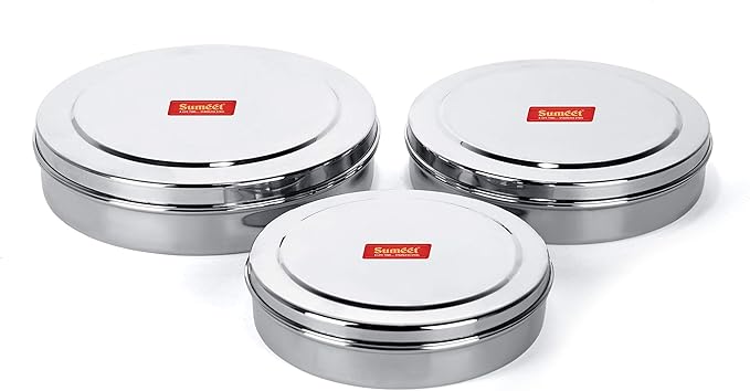 Sumeet Stainless Steel Chocolate Flat Slim N Sleek Canisters/Puri Dabba/Storage Containers Set of 3Pcs Big Set (No.10-700ML, No.11-900ML, No.12-1200ML)