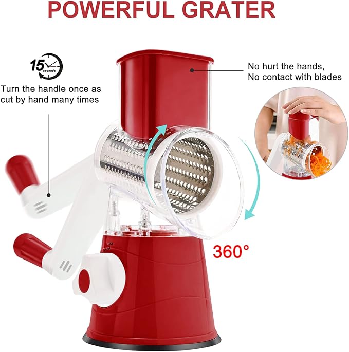 3rd Generation Rotary Cheese Grater, Mandoline Vegetable Slicer with 3 Replacement Blades, Easy to Clean Rotary Shredder for Fruit, Vegetables, Red