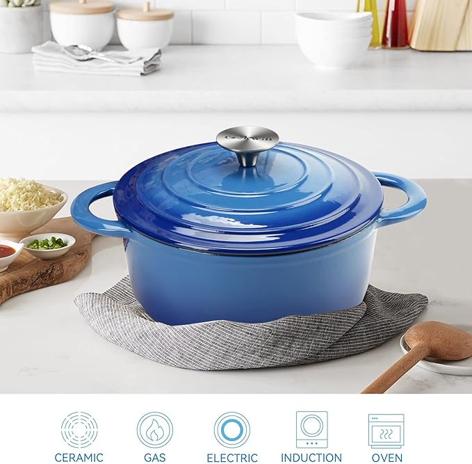 Dutch Oven 5 Quart Enameled Cast Iron Dutch Oven Pot with Self Basting lid Blue Heavy Duty Dutch Ovens Dual Handles Porcelain Enameled Cast Iron Pot Family or Friends Gifts
