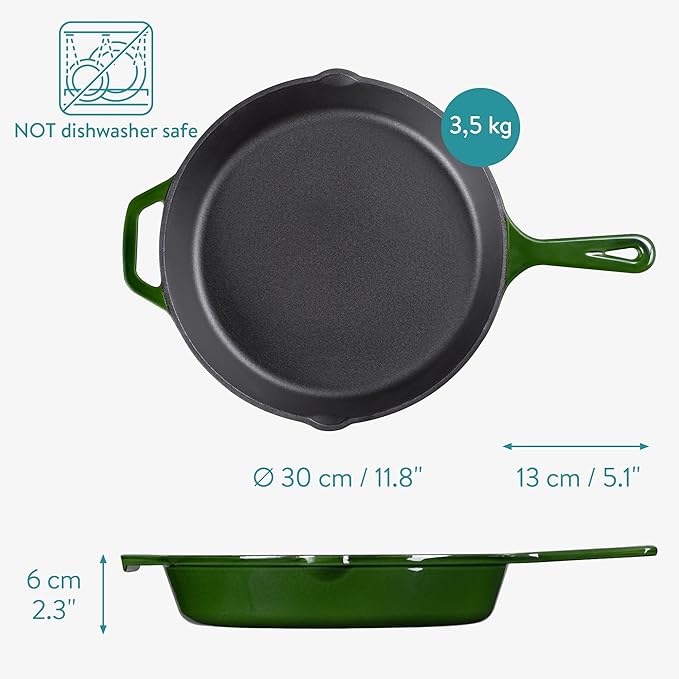 Navaris Enameled Cast Iron Skillet - 12" Frying Pan with Enamel Coated Finish - 12 inch Kitchen Cookware Fry Griddle for Stove Top and Oven - Green