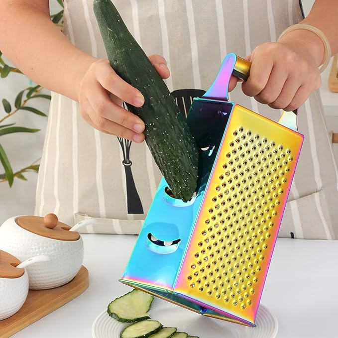 4 Sides Box Grater For Kitchen,Stainless Steel Cheese Grater With Handle,Multi-Function Vegetable Slicer Food Shredder For Chees,Ginger,Vegetables,Rainbow