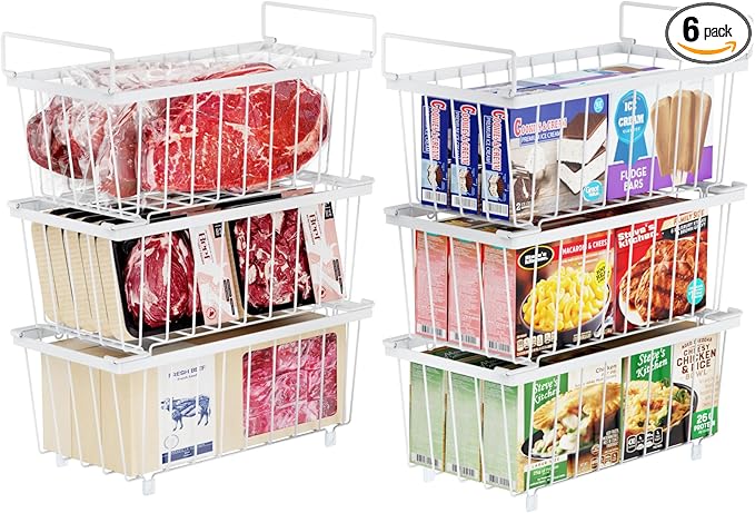 iSPECLE Freezer Organizer Bins - 6 Pack Small Stackable Deep Freezer Organizer Bins for 7 Cu.Ft Freezers Easy Get Bottom Foods without Digging, Chest Freezer Organizer Prevent Frozen Food Waste, White