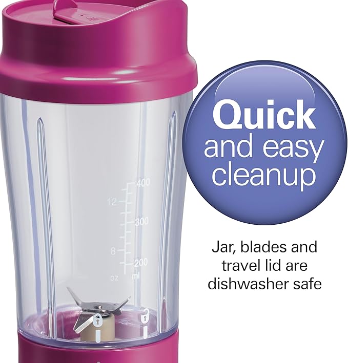 Hamilton Beach Portable Blender for Shakes and Smoothies, 14 Oz BPA Free Travel Cup & Lid, Durable Stainless Steel Blades, Personal Smoothie Blender, Raspberry, 51131G
