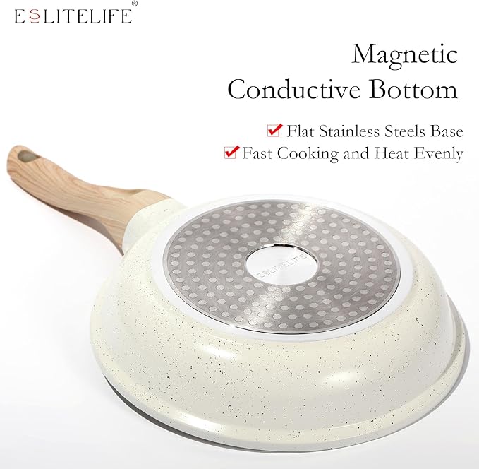 ESLITE LIFE Nonstick Ceramic Frying Pan Skillet, Non-Toxic Egg Omelette Kitchen Cooking Pans Compatible with All Stovetops (Gas, Electric & Induction), PTFE & PFOA Free (White, 9.5'')