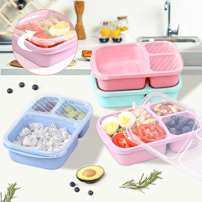 4 Pack Adult Lunch Box Set, Reusable 3-compartment food containers, Microwave and Dishwasher Safe (4 light color)