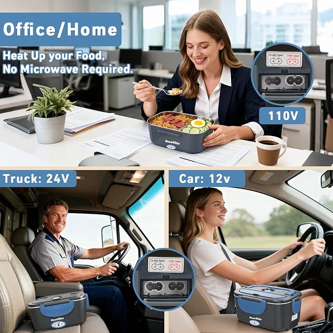 Electric Lunch Box for Adults, 80W Heated Lunch Box, 1.5L Stainless Steel Container | 12V/24V (Car/Truck) & 110V (Office/Home) | with Fork&Spoon and Insulated Carry Bag